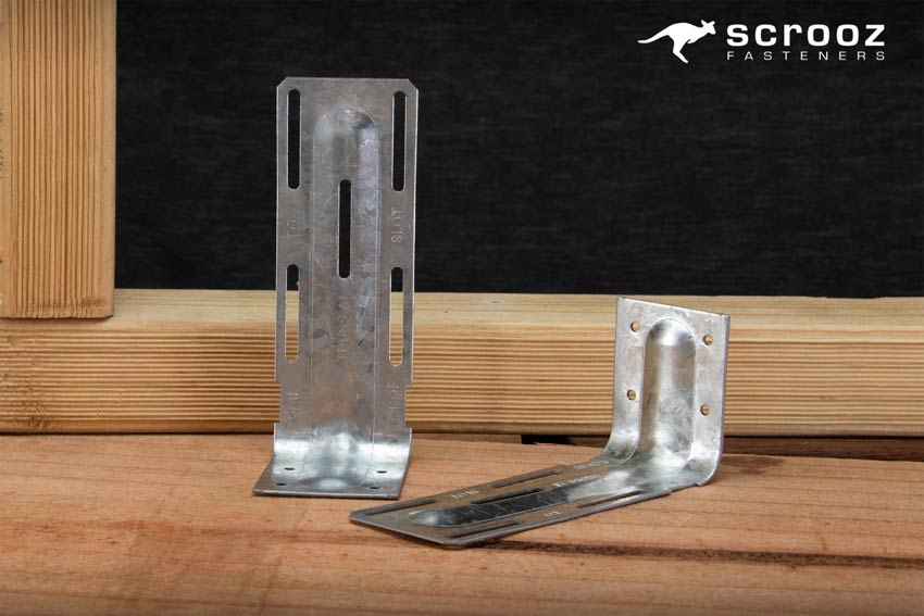 Internal Wall Brackets from Scrooz Fasteners, main splash image of brackets on wood.