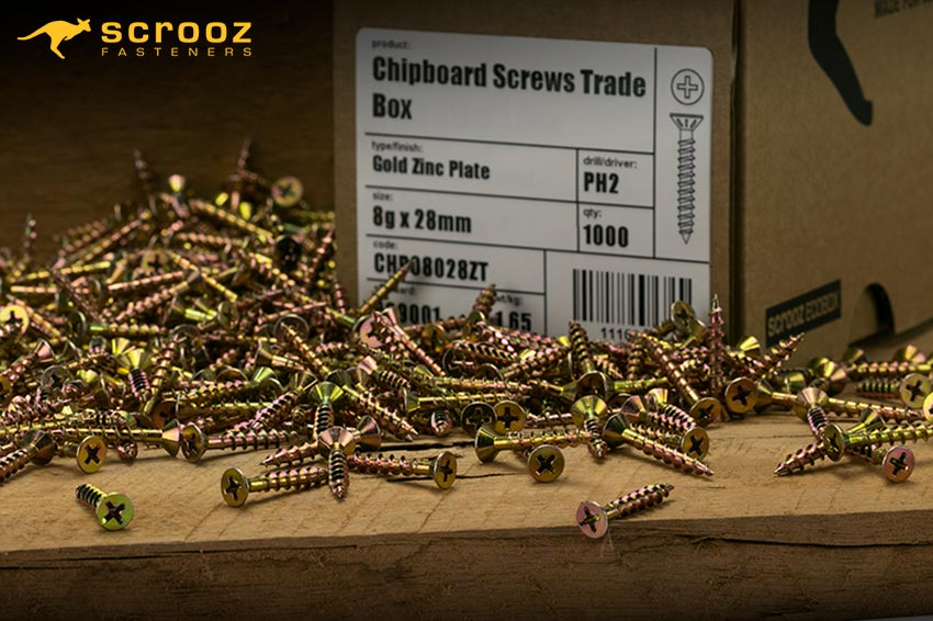 Chipboard Screw bulk group shot splash image