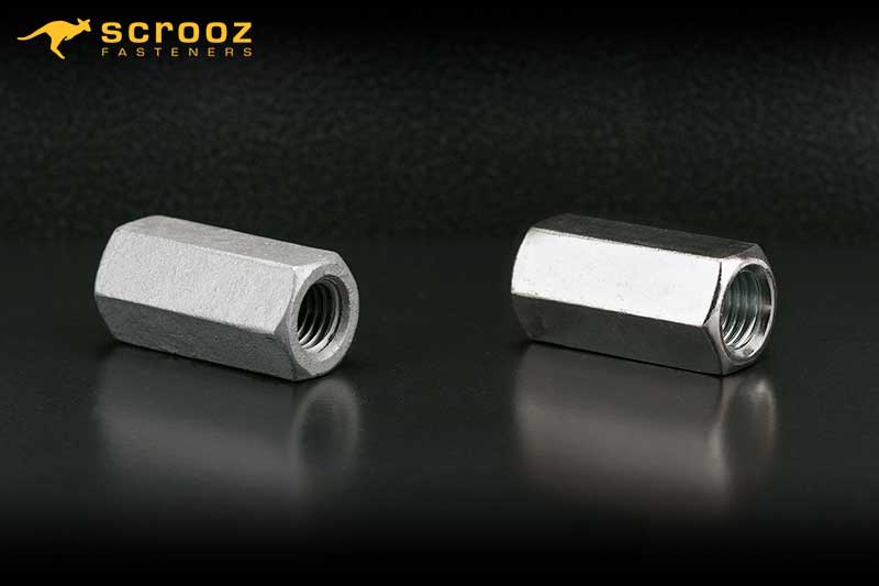 Coupling nut by scrooz fasteners. Available in galvanised and zinc coated finishes.