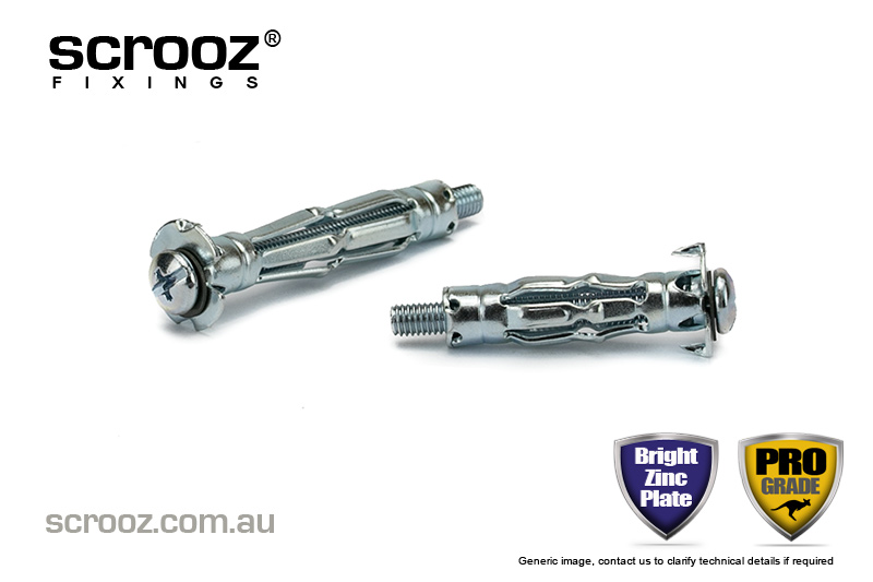 hollow wall anchor bolts on white background with scrooz logos