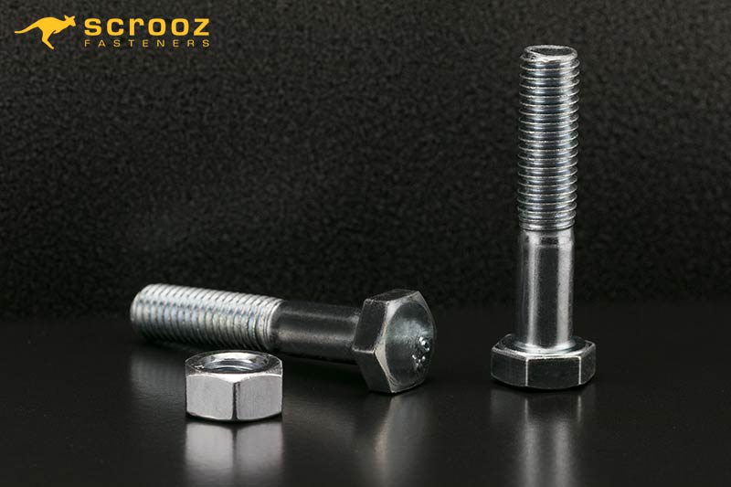 nuts and bolts zinc plated group shot of two zinc plated hex bolts with single zinc nut