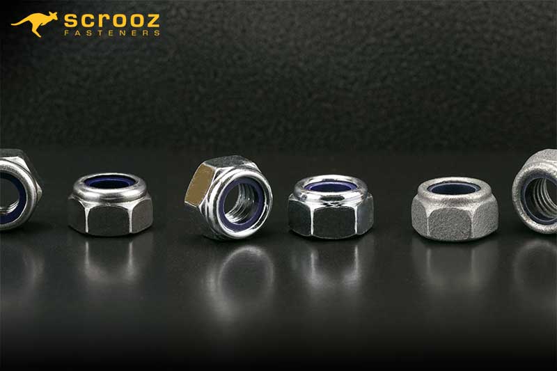 Nyloc Nuts by scrooz fasteners. Available in zinc plate, galvanised, and stainless steel 304gr finish