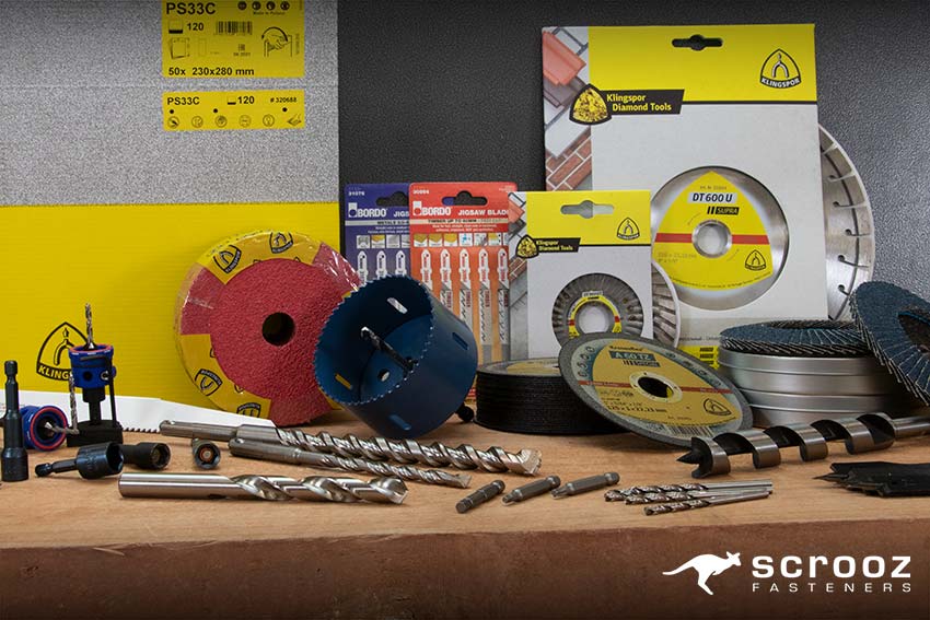Power Tool Accessories, available from Scrooz Fasteners. Drill Bits, Driver Bits, Sandpaper, cutting discs and more.