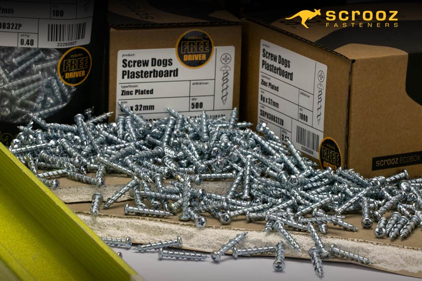 Screw Dog Plasterboard Fasteners displayed with packs and boxes.