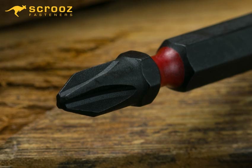 Screwdriver Bits by scrooz fasteners. Close up shot of a phillips PH2 driver bit.