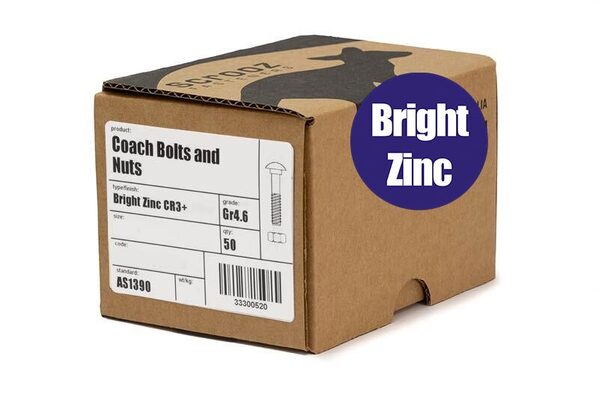 M6 x 100mm Coach Bolts & Nuts Zinc Box 50