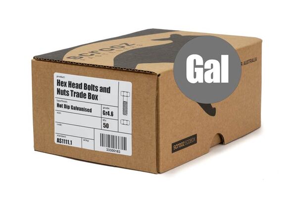 M12 x 100mm Hex Bolts & Nuts GAL Box of 50