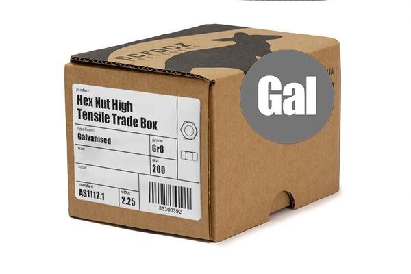 M10 hex nuts grade 8 galvanised trade box of 200