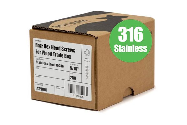 12g x 25mm Razr Hex Head 316 Stainless box 250